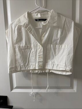 Zara White Cropped Drawstring Button-Front Shirt